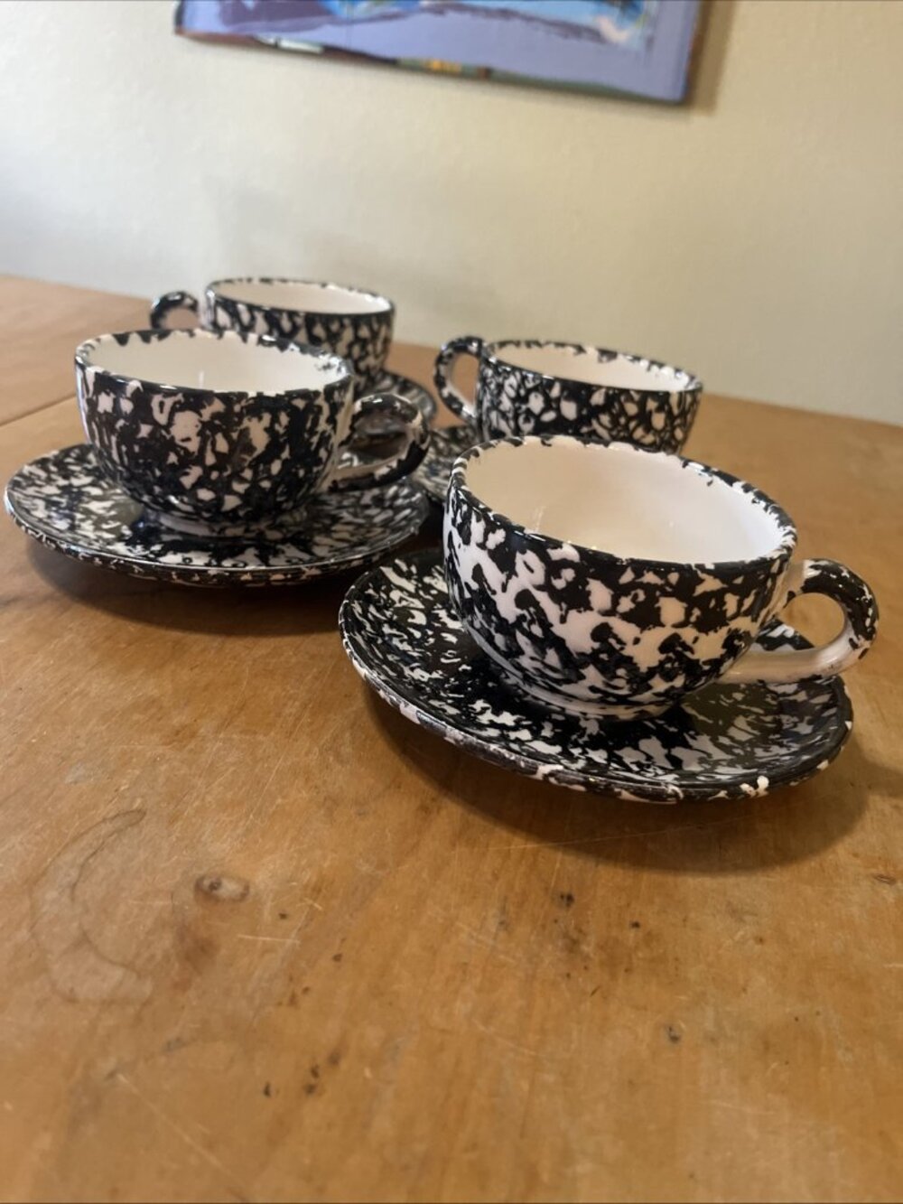 Italian Cup&saucer marbled Sponge Ware Black & white Set Of 4 Made In Italy